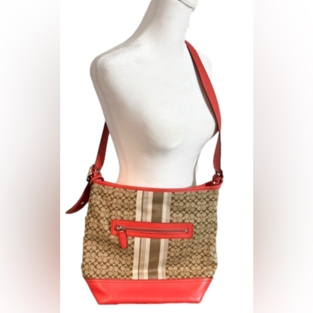 COACH Legacy Signature Stripe Shoulder Bag Purse Orange Tan Monogram Logo